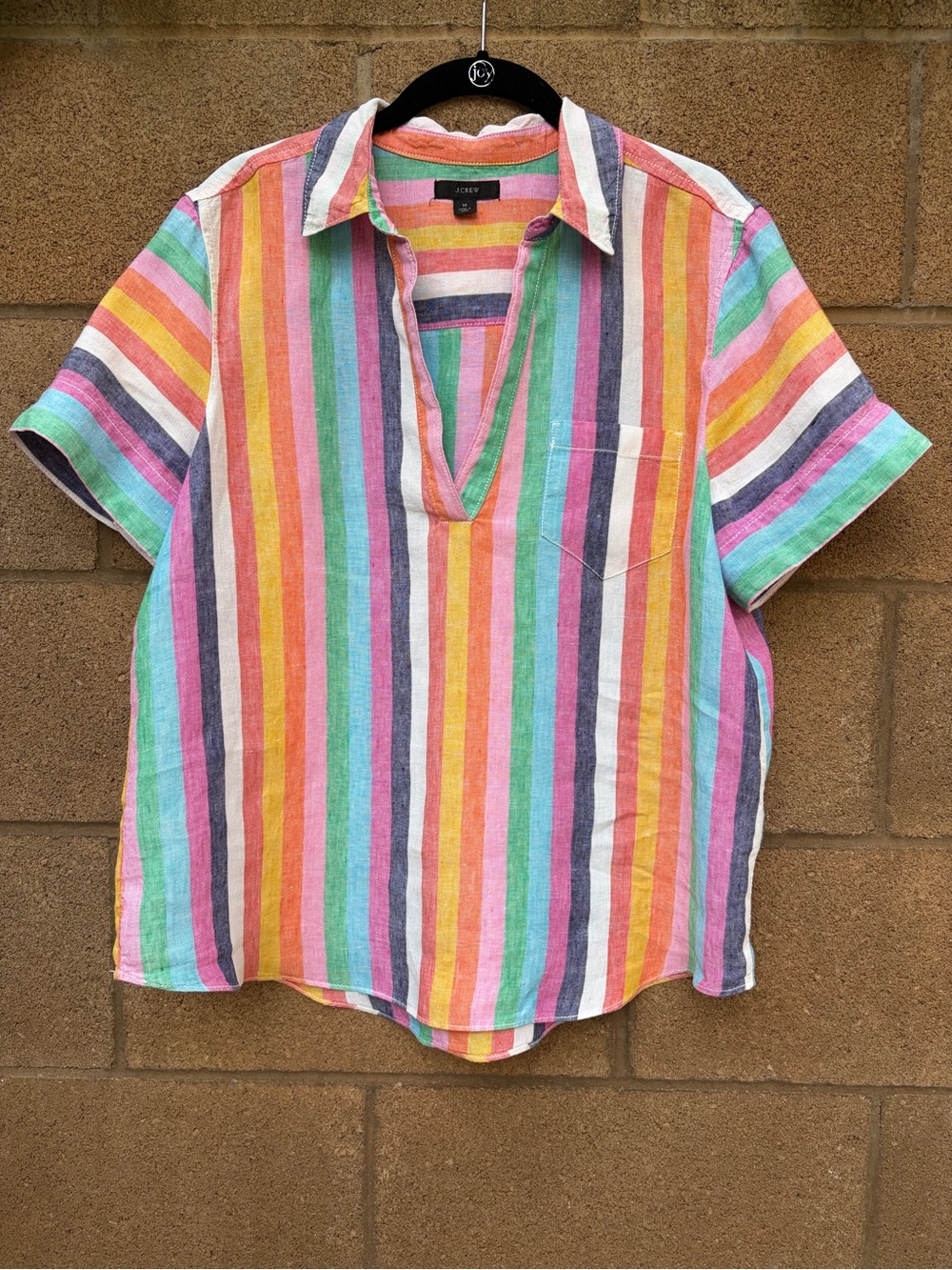 J. Crew Short-Sleeve Linen Popover Top in Rainbow Stripe